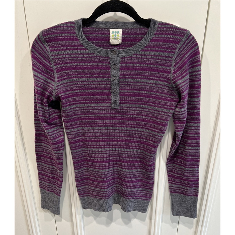 Title Nine‎ Henley Sweater Purple/Gray Stripe Merino Wool Blend Outdoor Retro